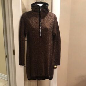 Brown Long Sleeve Dress with Black Trim